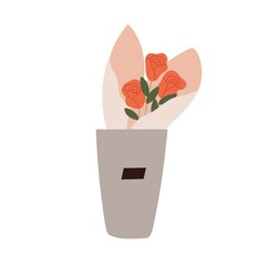 Fresh cut flowers in bucket for sale. Rose bouquet wrapped in paper in vase. Blooming floral plant. Elegant spring bunch with gorgeous buds. Flat vector illustration of pretty posy isolated on white