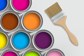 Paint brush and buckets with multi colored paint. - obrazy, fototapety, plakaty