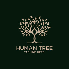 Golden tree oak banyan maple logo with human tree design template