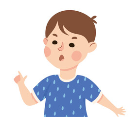 Little Boy Demonstrating Discontent as Facial Expression and Emotion Frowning and Pointing Finger Vector Illustration