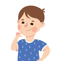 Little Boy Demonstrating Facial Expression and Emotion of Idea Having with His Finger at His Chin Vector Illustration