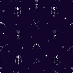 Seamles pattern with celestial bodies: stars, constellation, moon. Space insects. Vector illustration with gradient on a dark background. Magic and withcy signs