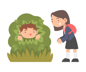 Little Girl with Backpack Standing Near Bush with Boy Head Peeped Out Vector Illustration