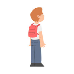 Little Boy with Backpack Standing and Looking at Something with Interest Vector Illustration