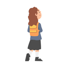 Little Girl in School Uniform with Backpack Standing and Looking at Something with Interest Back View Vector Illustration