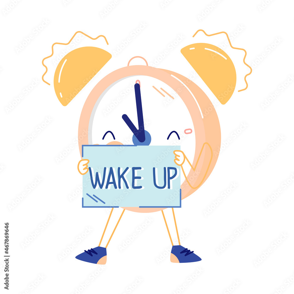 Poster funny clock character with smiling face ringing showing wake up placard vector illustration