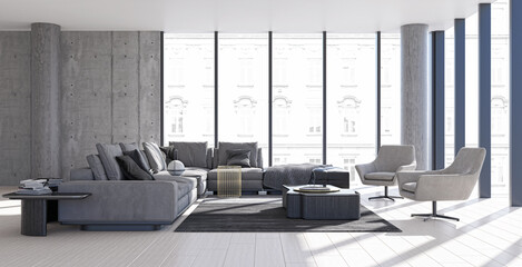 Illustration 3D rendering large luxury modern bright interiors Living room mockup computer digitally generated image