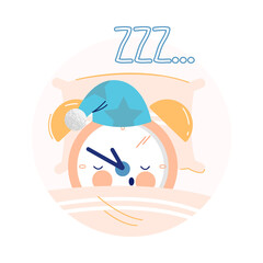 Funny Clock Character in Night Cap Sleeping and Snoring in Bed on Pillow Vector Illustration