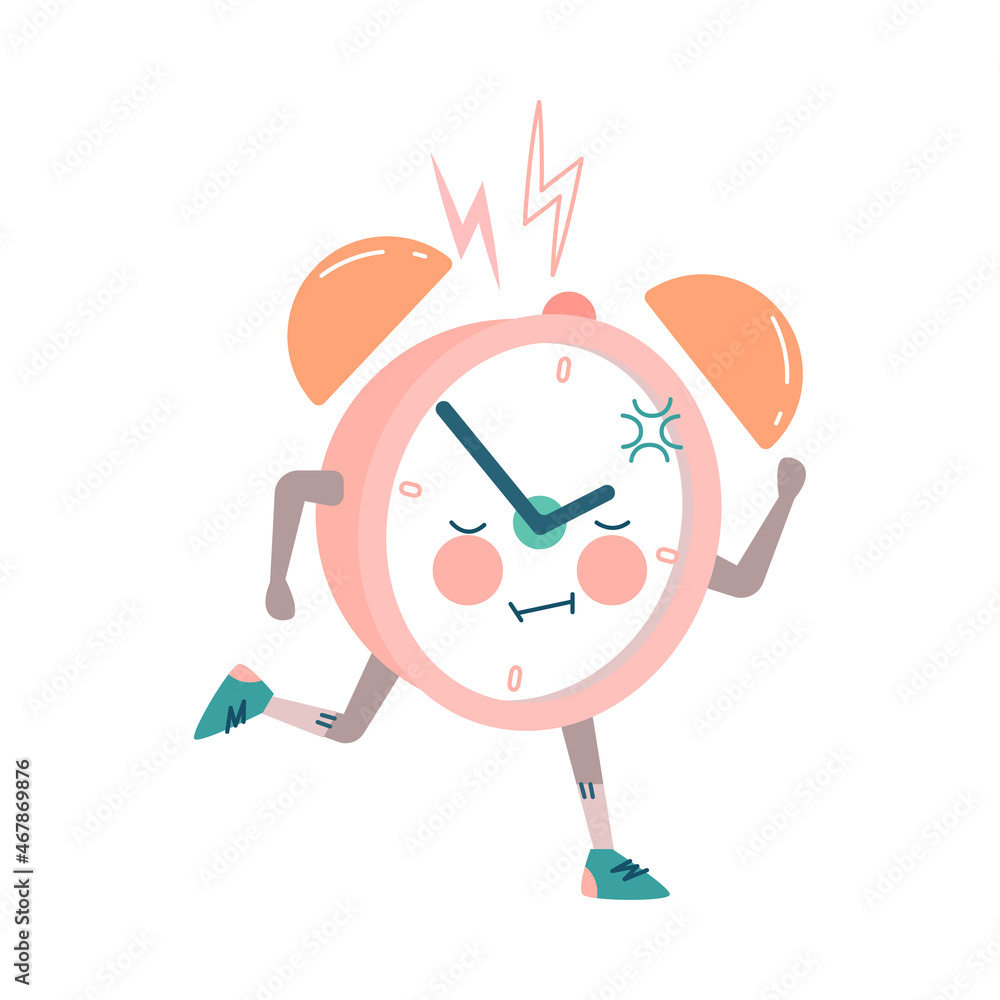 Poster funny clock character with red cheeks running forward vector illustration
