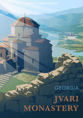 Jvari Monastery in the Republic of Georgia. Ancient Christian Church standing on a hill top over the river confluence in the mountain valley. Poster style vector drawing. EPS10 vector illustration
