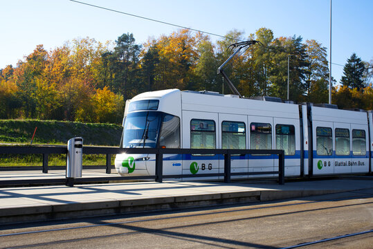 Tram at tram station Z&uuml;rich Airport freight on a sunny autumn day. Photo taken October 24th, 2021, Zurich, Switzerland. 