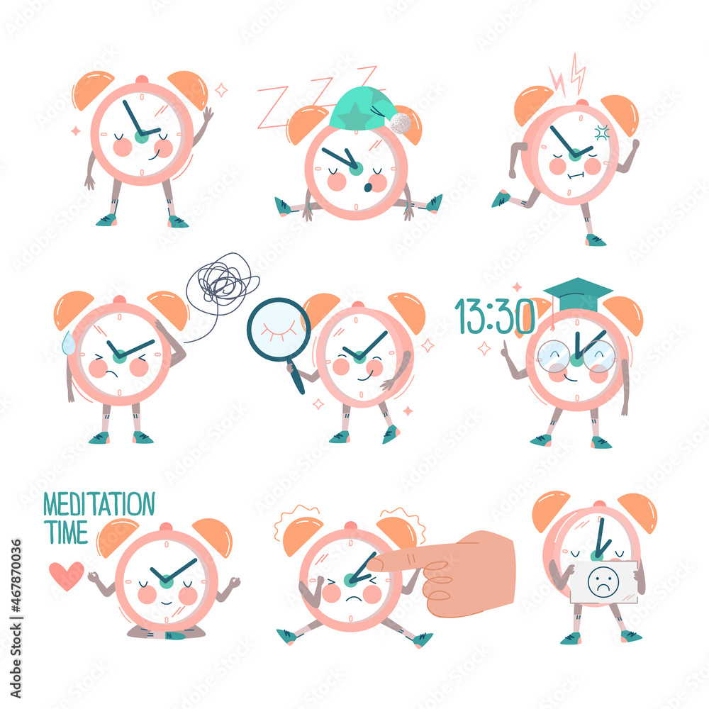 Poster funny clock character with smiling face sleeping and thinking vector set
