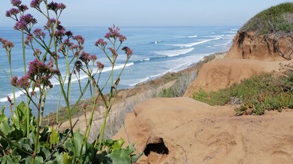 Seascape vista point, viewpoint in Del Mar near Torrey Pines, California coast USA. Frome above panoramic ocean tide, blue sea waves, steep eroded cliff. Coastline overlook, shoreline high angle view