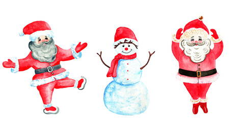 Watercolor cute cartoon Santa Claus and a snowman isolated on white. Christmas design collection.