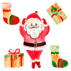 Watercolor cute smiling Santa Claus in traditional costume with gifts isolated on white. Christmas clipart.