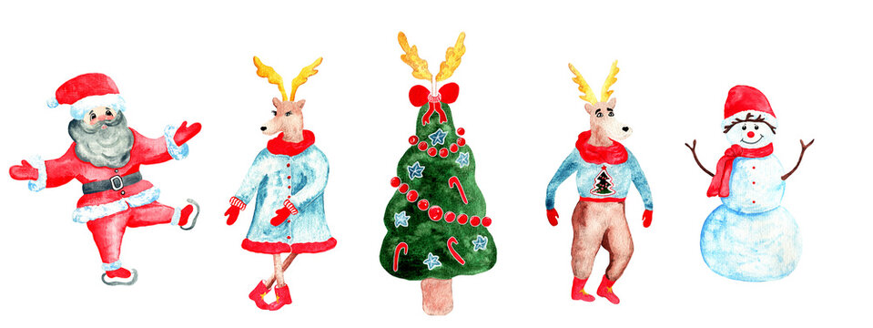 Watercolor cartoon Santa Claus, funny Christmas tree, cute deers and snowman celebrate happy winter holidays. Stock image.