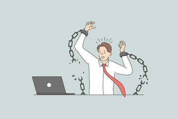 Freedom and breaking fetter concept. Young positive businessman worker sitting in office at laptop breaking fetters feeling free vector illustration 