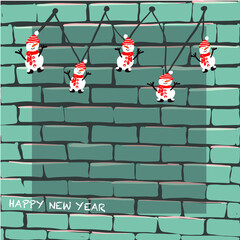Merry Christmas and Happy New Year! Illustration for the winter holidays: snowmen hang on a brick wall. Drawings for postcards or postcards.