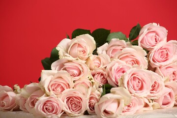 Flowers background. Bouquet of beautiful pink roses on red background.