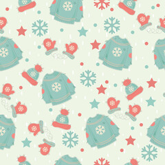Winter pattern with clothes in pastel colors.Christmas pattern.Suitable for background, poster design, paper, fabric, print.Christmas pattern. 
