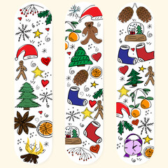 Vector set of bookmarks in the style of a doodle with Christmas elements. Templates of cute multicolored postcards with a vertical arrangement. celebration, Christmas,tree, decorations, banner