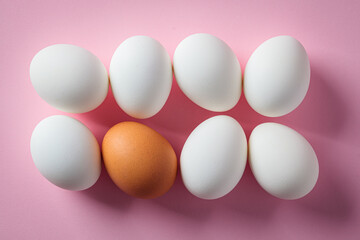 White and brown raw chicken eggs on pink background.