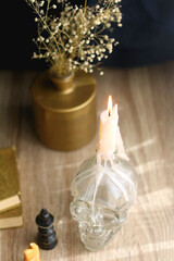 Old books, reading glasses, vintage chess pieces, lit candle and vase with gypsophila flowers. Dark...