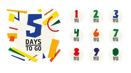 Countdown remaining days banner. calculate the time of sale. There are nine, eight, seven, six, five, four, three, two, one, zero days left. Colorful art design cut with paper scissors. 