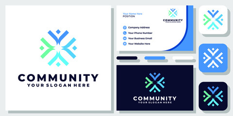 Community Union Family Happy Human People Society Care Blue Logo Design with Business Card Template