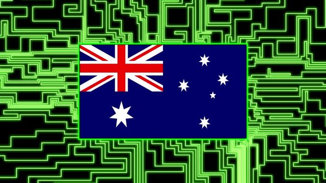 Australia Flag lights up on circuit board as power reaches on a black background texture neon - Powered by Adobe