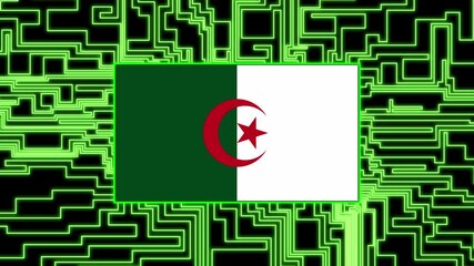Algeria Flag lights up on circuit board as power reaches on a black background texture neon - Powered by Adobe