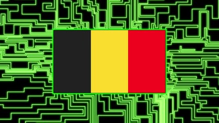 Belgium Flag lights up on circuit board as power reaches on a black background texture neon - Powered by Adobe