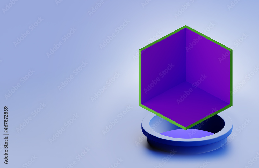 Poster podium stand purple. cutaway cube with place to showcase something. podium stand on light background