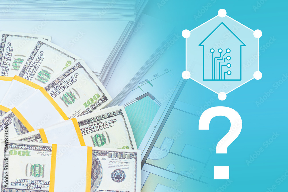 Poster payment for smart home system. concept - ordering integration of smart home technology. money for im