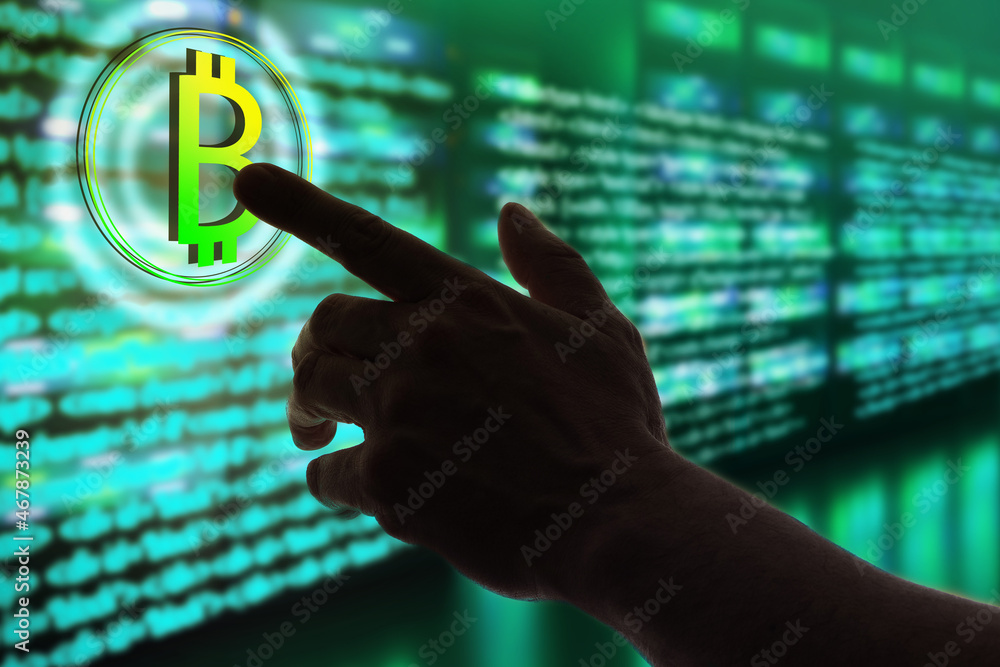 Poster blockchain technology. bitcoin mining. man's hand reaches for bitcoin logo. mining cryptocurrencies 