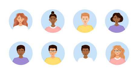Set of diverse avatars of business team people. Collection of portraits of men and women in a round frame. Vector illustration of faces.
