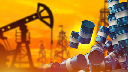 Barrels of crude oil are falling. Oil production shortage concept. Falling blue petroleum barrels....