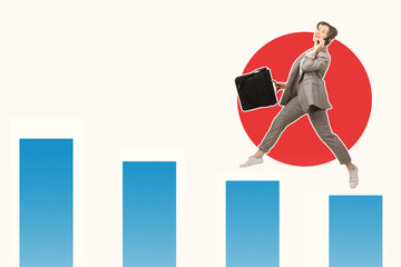 Career. Woman is jumping steps. Metaphor for career growth in company. Promotion. Girl manager with business briefcase. Work progress. Career growth in business. Happy businesswoman with phone