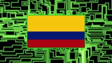 Colombia Flag lights up on circuit board as power reaches on a black background texture neon - Powered by Adobe