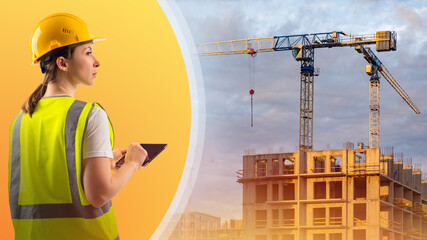 Woman builder. Architect builder during work. Architect in work uniform and hard hat. Portrait of architect next to tower crane. Process of erecting panel buildings. Girl engineer with tablet