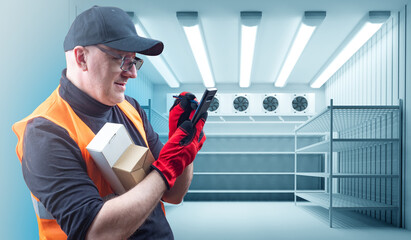 Warehouse worker in refrigerator. Human with small boxes and phone. Man in industrial...