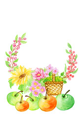Watercolor frame of autumn flowers and twigs in baskets with apples and an umbrella .It is ideal for greeting responses, for a baby shower, for needlework and hobbies.