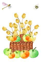 Watercolor frame of autumn flowers and twigs in baskets with apples and an umbrella .It is ideal for greeting responses, for a baby shower, for needlework and hobbies.