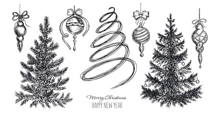 Christmas tree, toys, hand drawn style, vector illustration	
