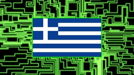 Greece Flag lights up on circuit board as power reaches on a black background texture neon - Powered by Adobe