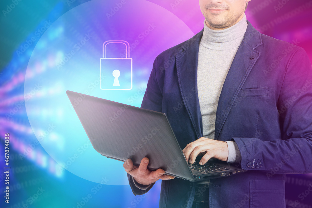 Poster technologies for network security. system administrator with laptops. data warehouse protection. pad