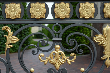 Refined forged decorative elements of a metal fence. Modern metal gate with golden decorative flowers.