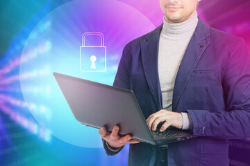 Technologies for network security. System administrator with laptops. Data warehouse protection. Padlock symbolizes data security. Security software. Programmer on colorful background. Art blurred
