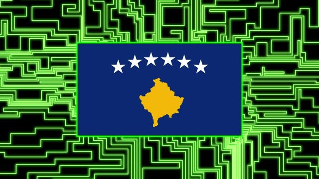 Kosovo Flag lights up on circuit board as power reaches on a black background texture neon - Powered by Adobe