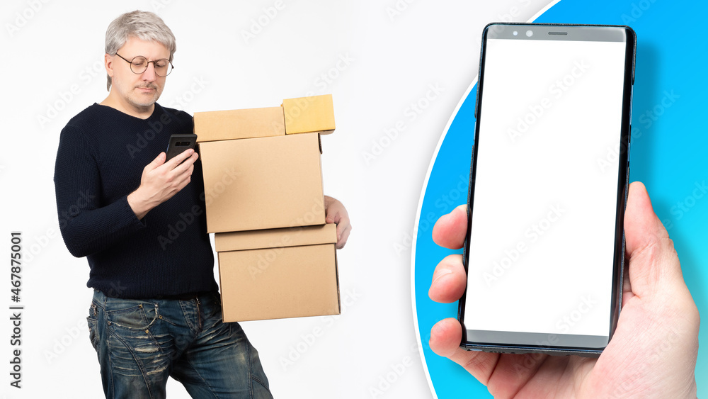Poster a man with boxes in his hands. he received concept from courier. person received online order. phone